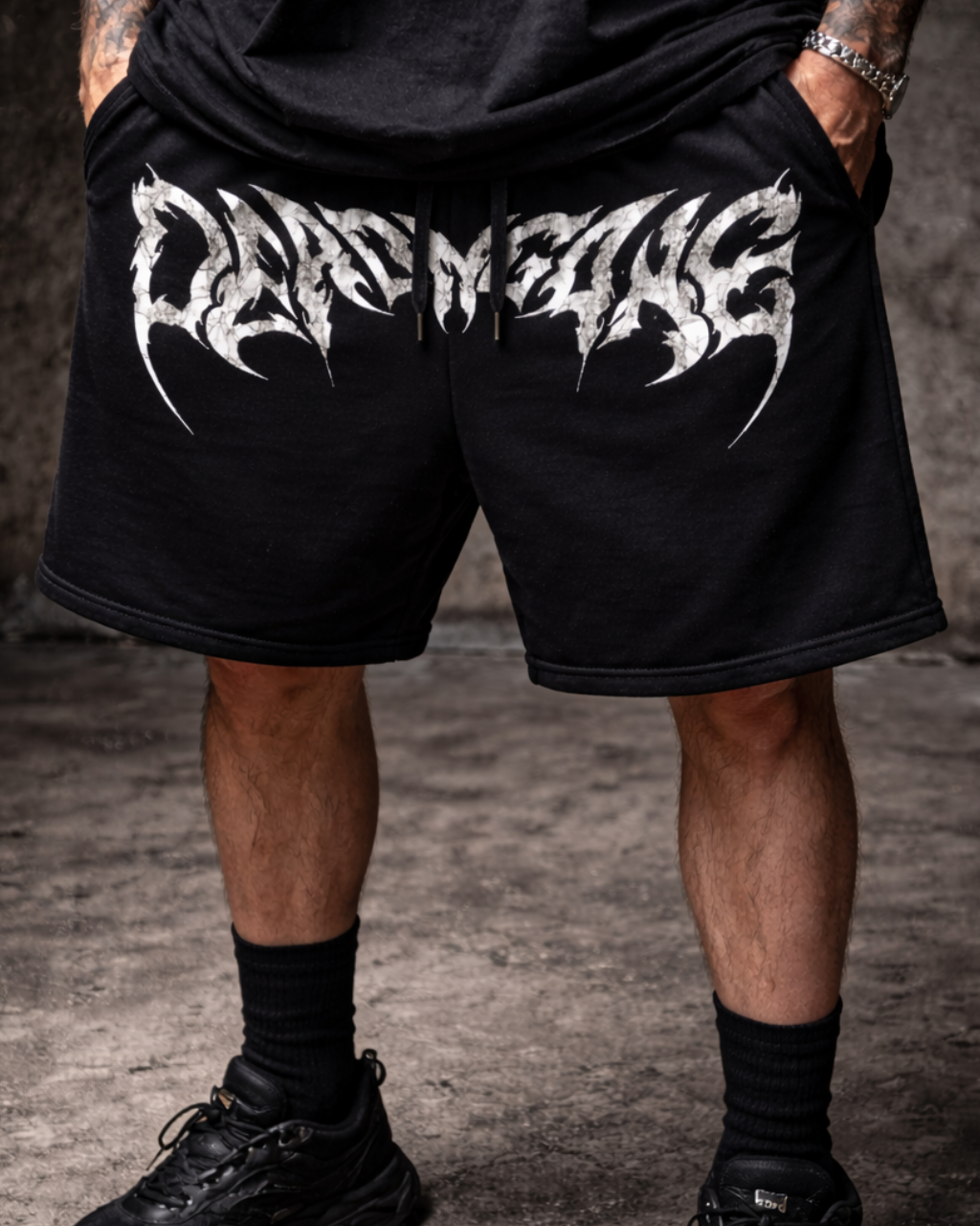 "BORN FROM ASH" Black Sweatshorts
